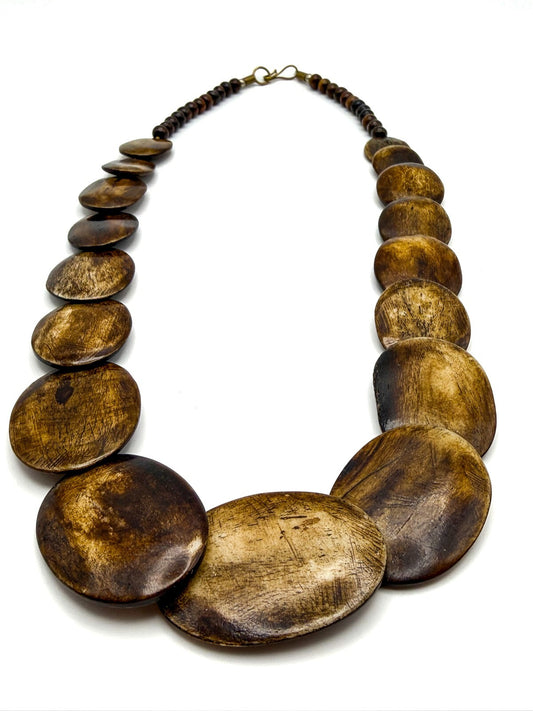 Vintage Carved & Polished Organic Material Graduated  Overlapping Oval Necklace