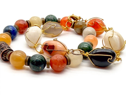 Carnelian Agate Citrine Gemstone Bracelet Duo – Wire Wrapped & Stretch Set