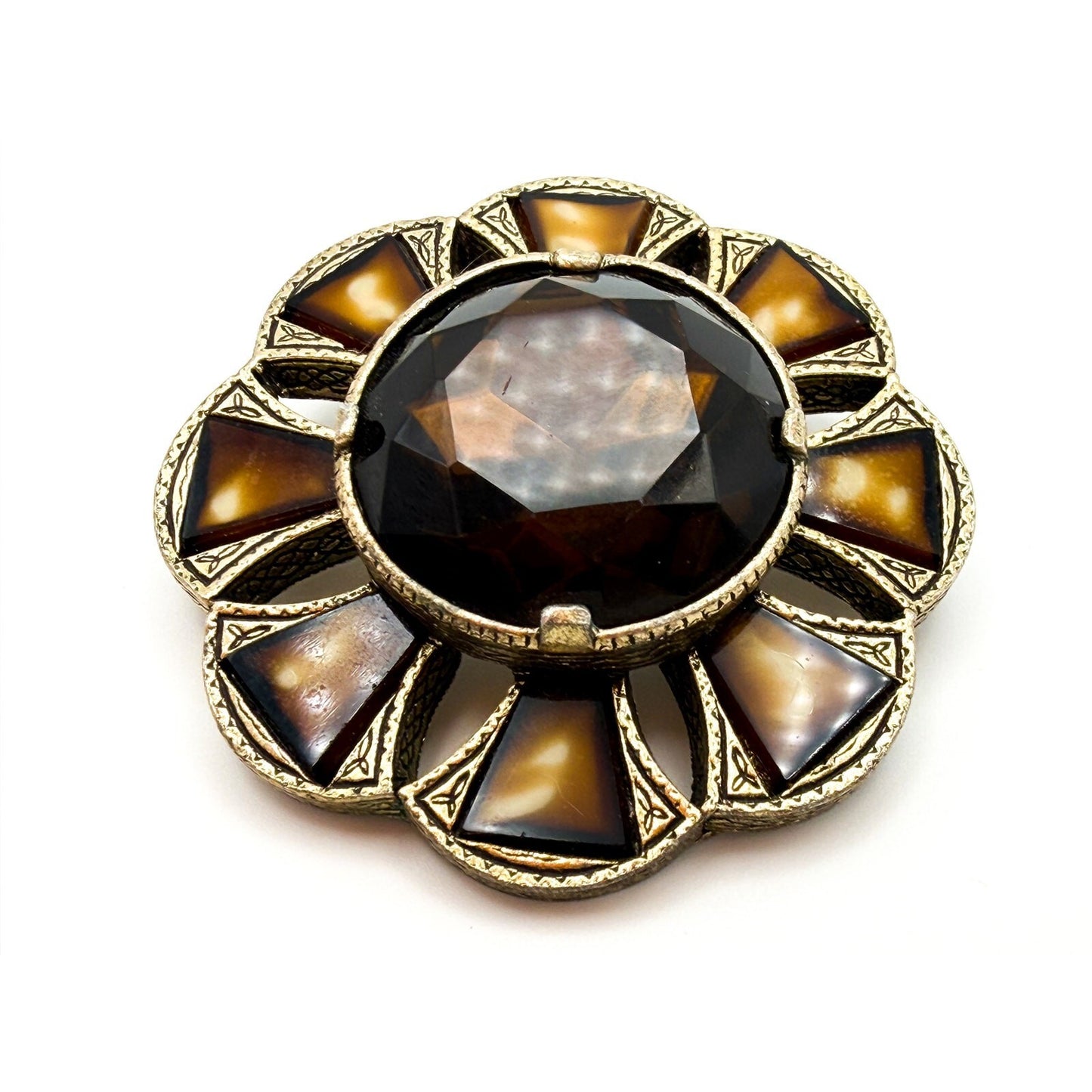 Signed Scottish MIRACLE Brooch Burnt Orange Brown Glass Cabouchons