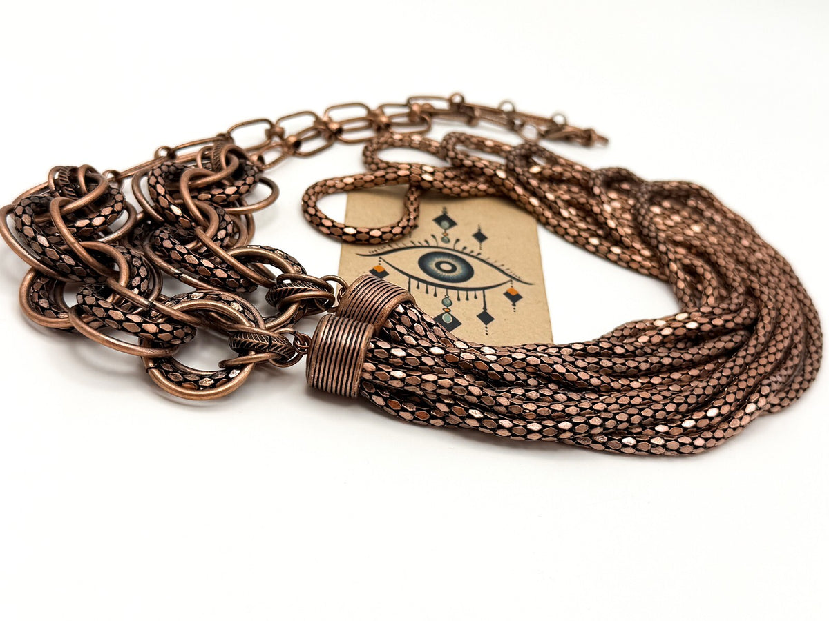 Bronze Tone Multi-Chain Statement Necklace – Paperclip & Mesh Layers, 37”