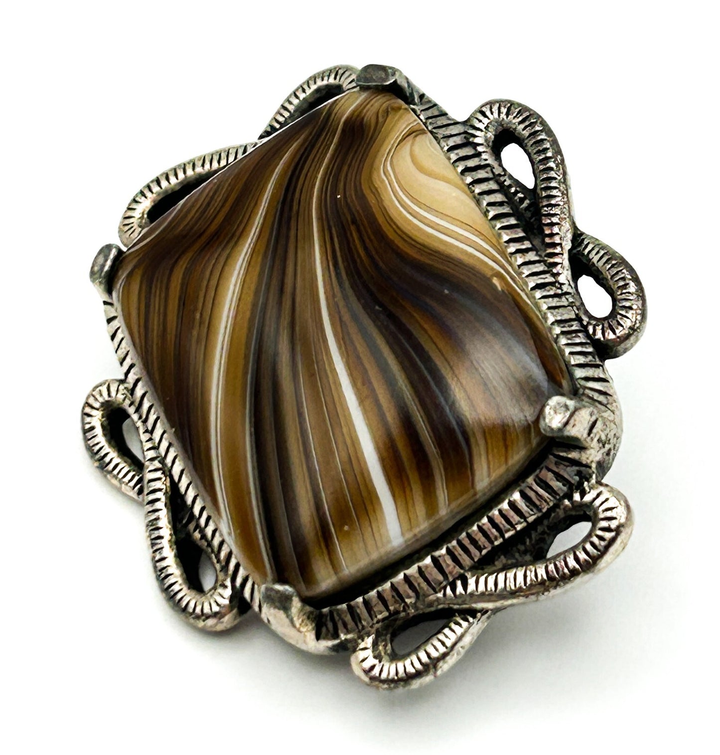 Miracle Scottish Agate Brooch Celtic Knot Silver Tone Vintage Pebble Stone Pin