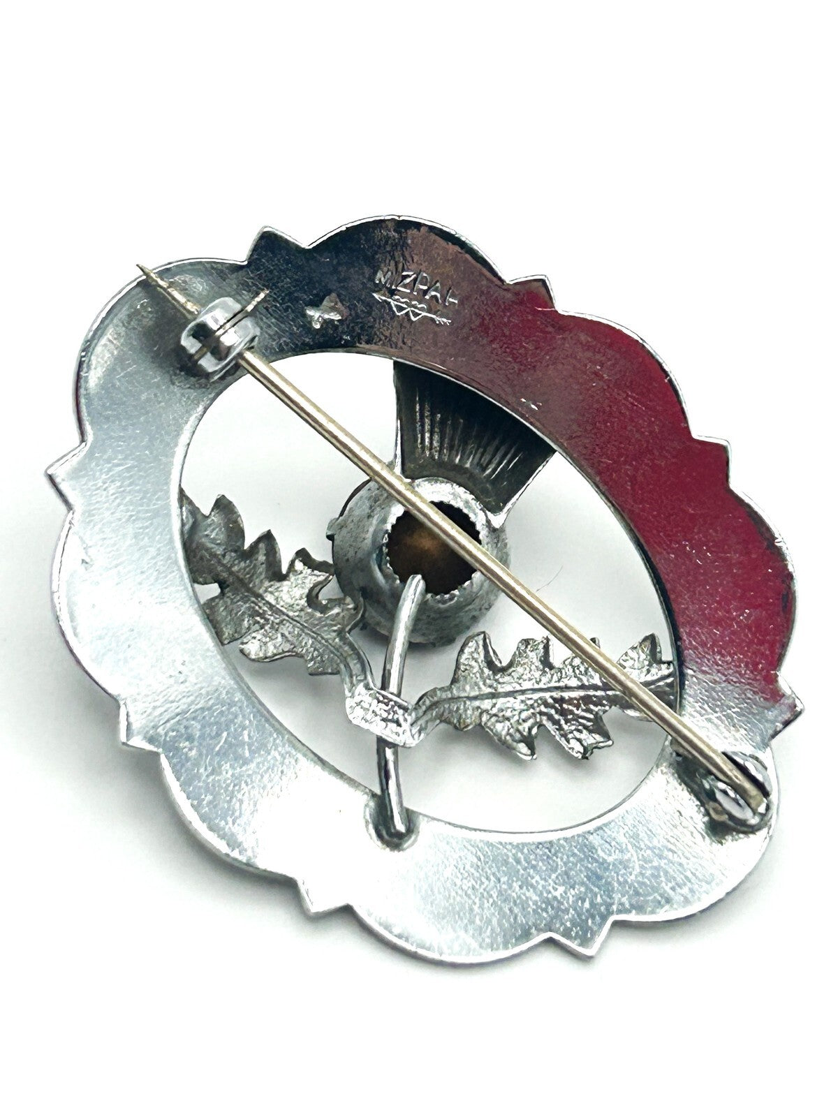 Signed Mizpah Scottish Thistle Brooch - Silver tone & Amethyst Glass