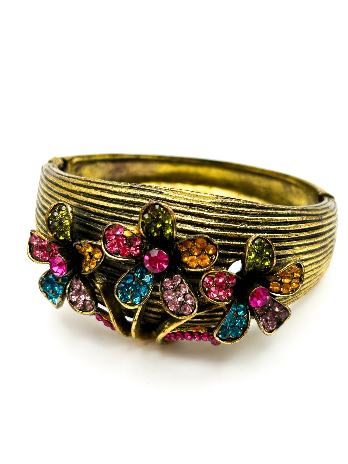 Antique Gold Tone Rhinestone Flower Clamper Bangle Pink Blue Green Bold Floral