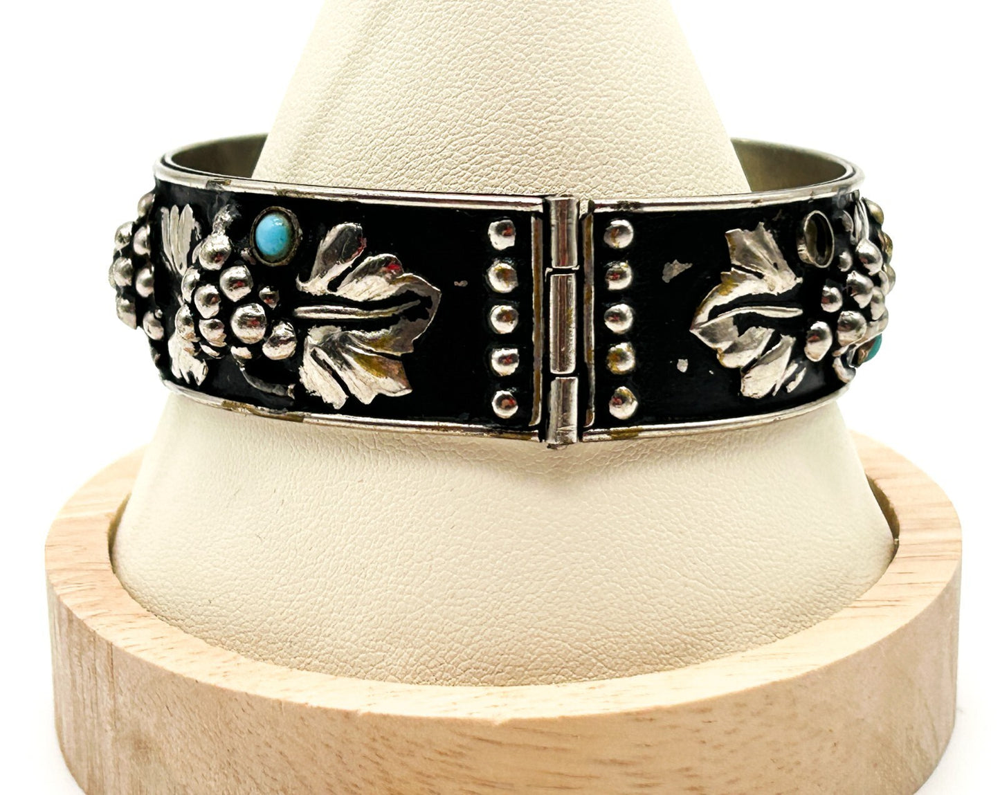 Vintage Silver Plated Grapevine Cuff Bracelet Black Japanned Bacchus Bangle