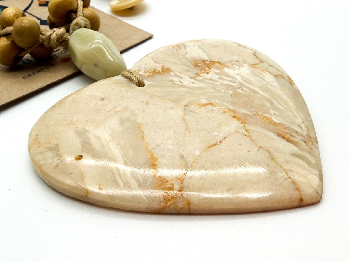 Large Cream Marble Stone Heart Pendant Necklace Multi Strand Cord 17”