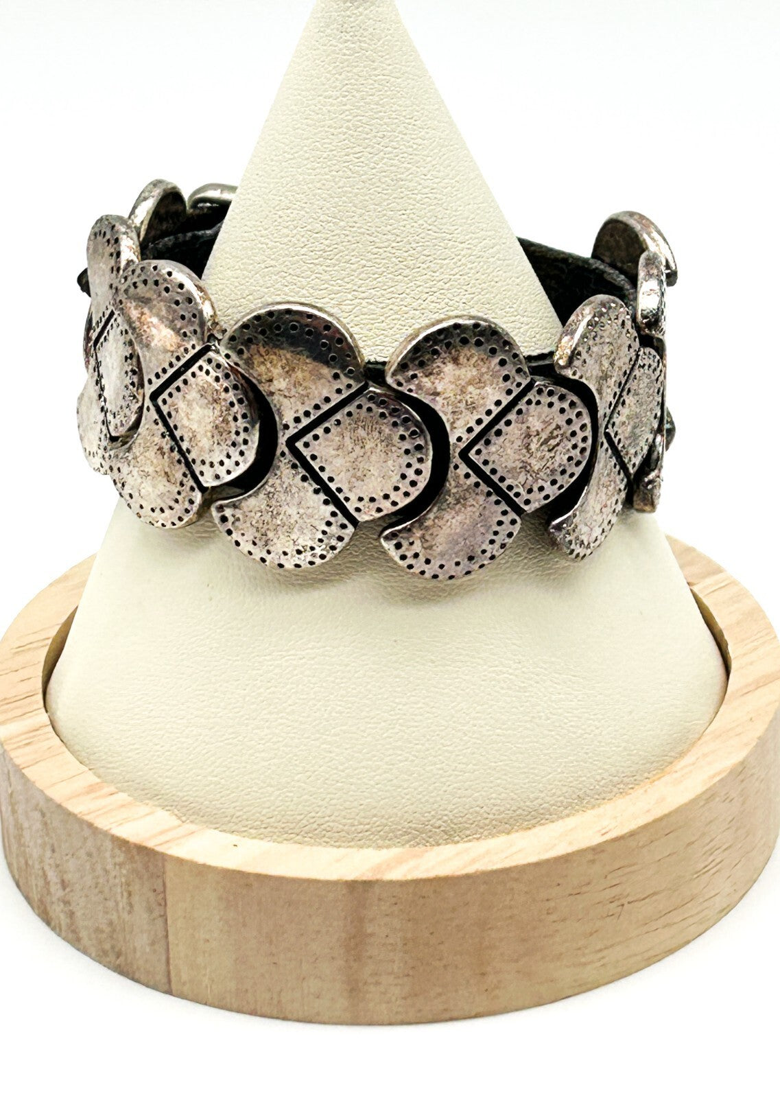 Industrial Silver Tone Cuff Bracelet Black Faux Leather Studded Strap Buckle