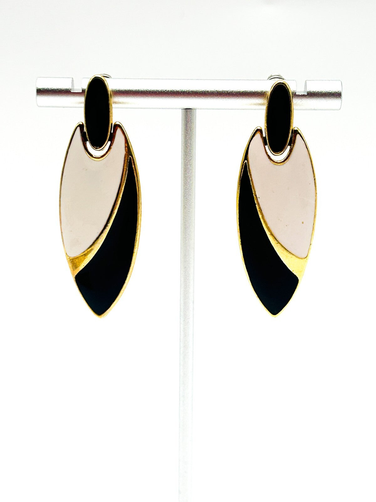 Vintage 1980s Gold Tone Black & White Enamel Marquise Articulated Drop Earrings
