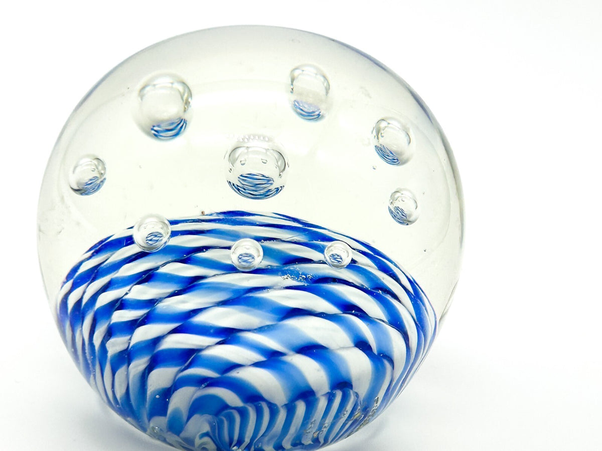 Vintage Blue White Stripes Bubbles Art Glass Paperweight Dome Controlled Bubbles