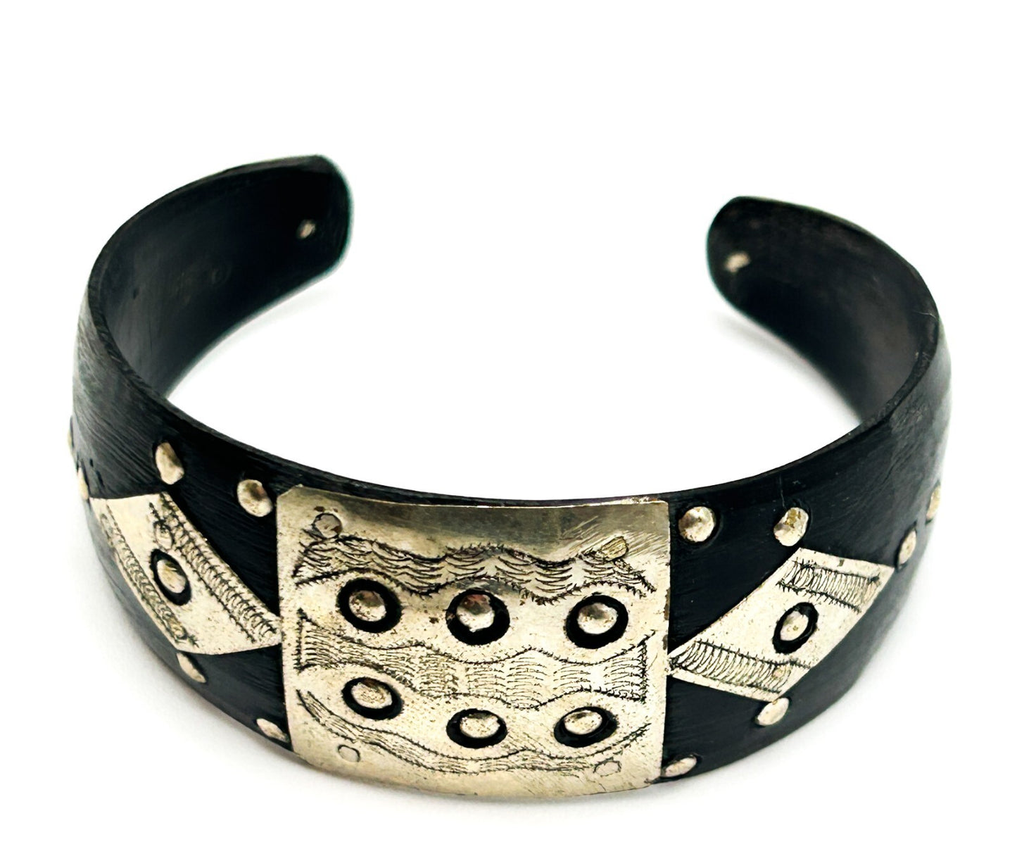 Vintage Tuareg Tribal Cuff Bracelet Organic Material & Silver Tone Etched Ethnic