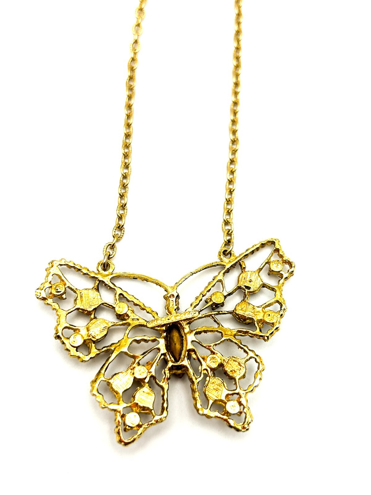 Signed Hollywood Gold Tone Openwork Butterfly Rhinestone Necklace