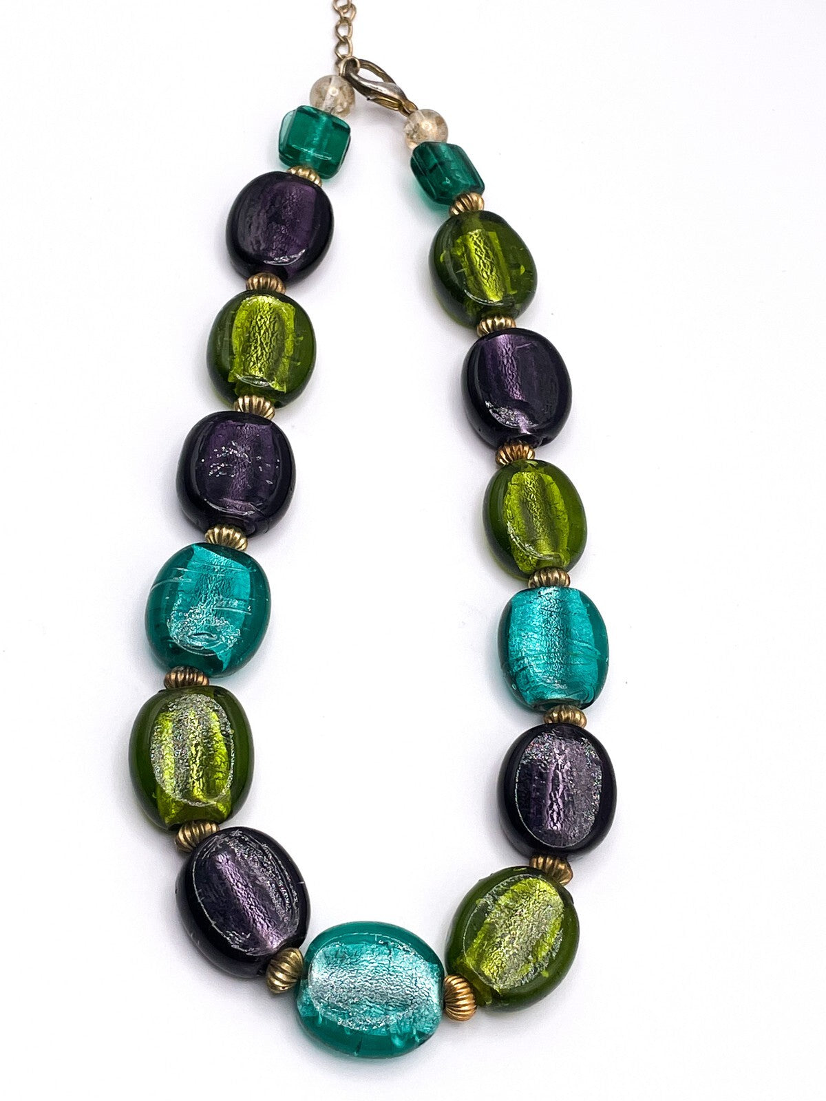 Chunky Dichroic Foil Glass Statement Beaded Necklace Y2K Green Purple Turquoise