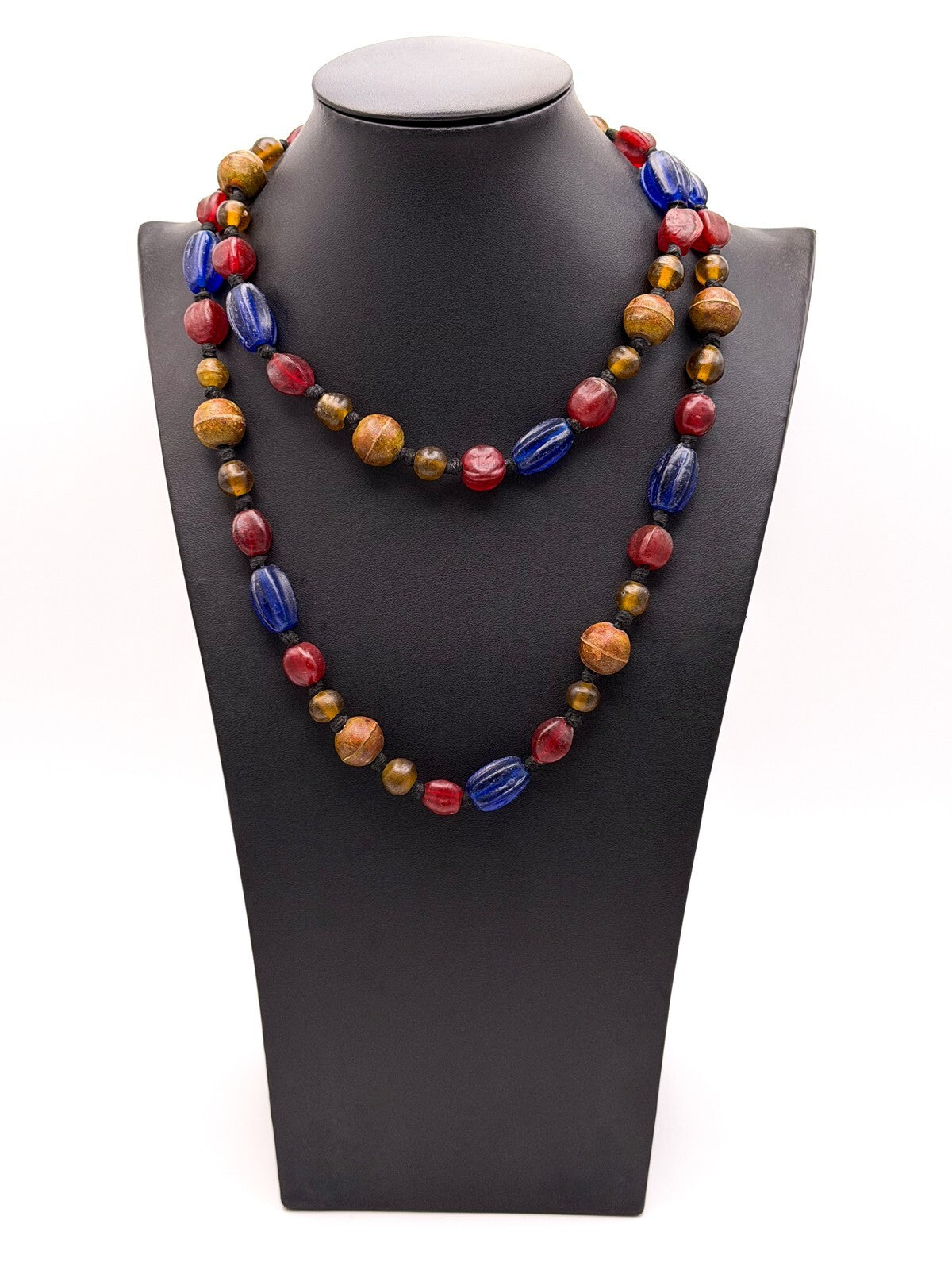 Vintage Blue, Red & Amber Frosted Glass African Trade Bead Necklace, Boho