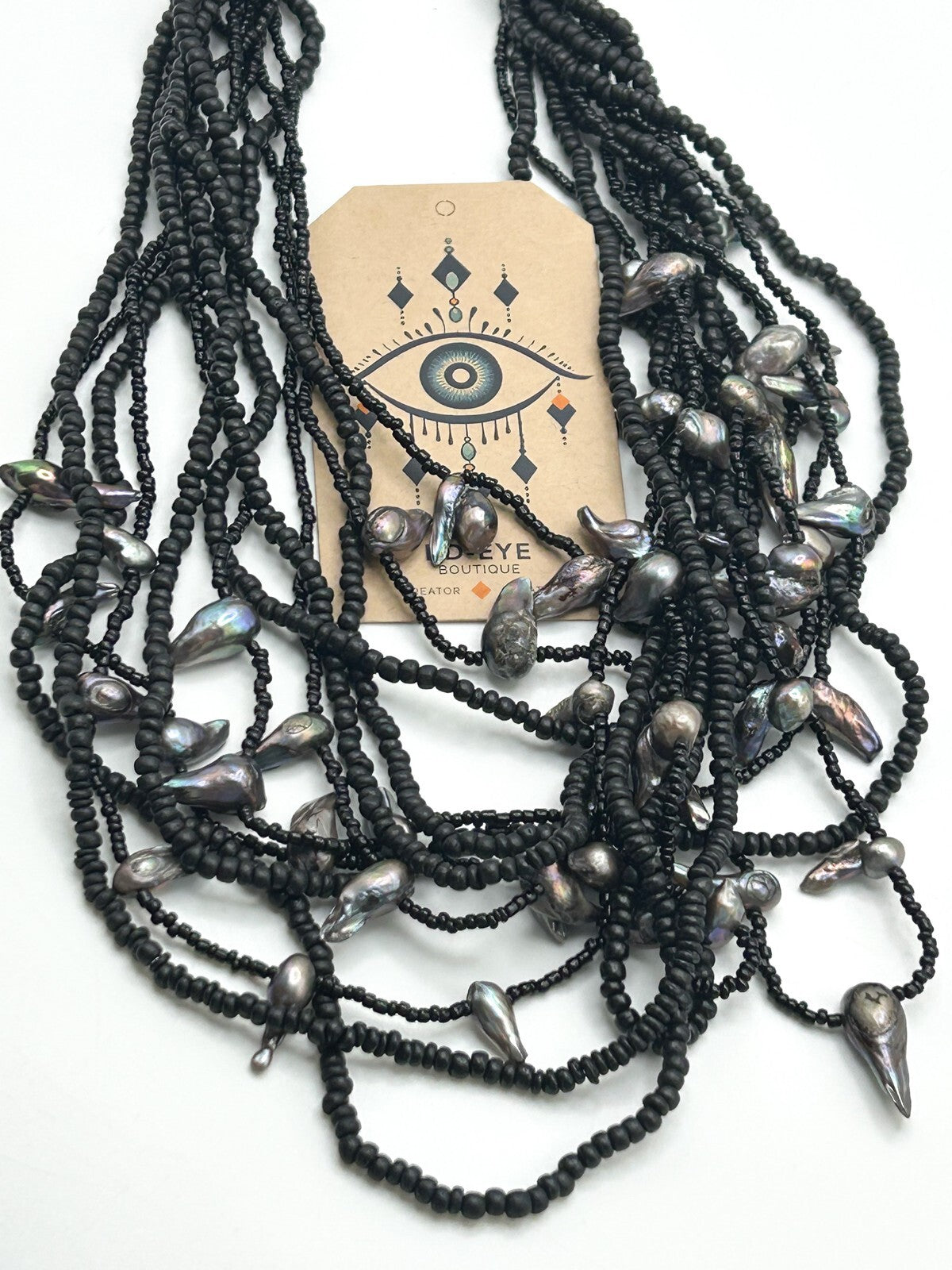 12-Strand Black Glass and Wood Seed Bead Freshwater Baroque Pearl Necklace