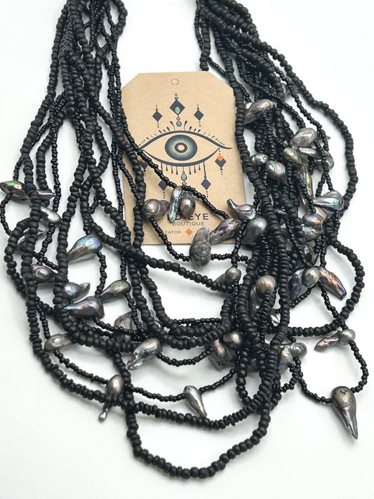 12-Strand Black Glass and Wood Seed Bead Freshwater Baroque Pearl Necklace