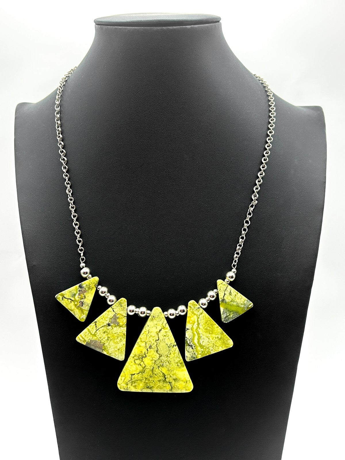 Serpentine Triangle Statement Necklace Lime Green Geometric Gemstone 19”