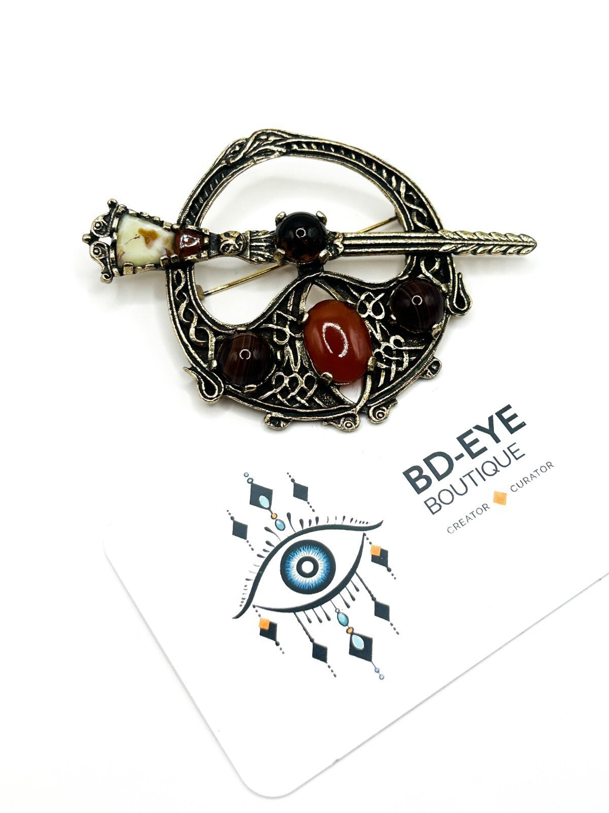 Miracle Celtic Brooch Vintage Faux Carnelian Agate Glass Penannular Cloak Pin