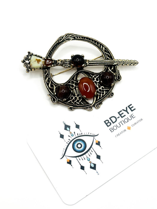 Miracle Celtic Brooch Vintage Faux Carnelian Agate Glass Penannular Cloak Pin