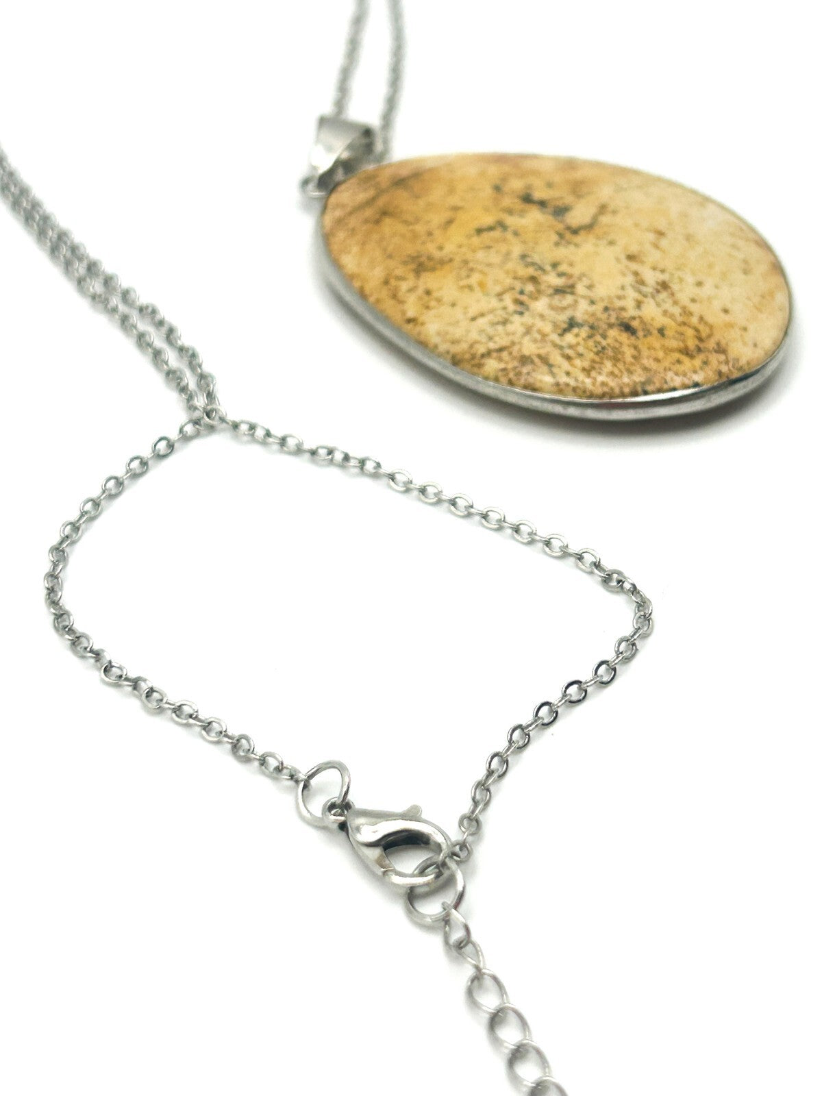 Picture Jasper Teardrop Pendant Necklace – Silver Tone 24" - Boho Gemstone Brown