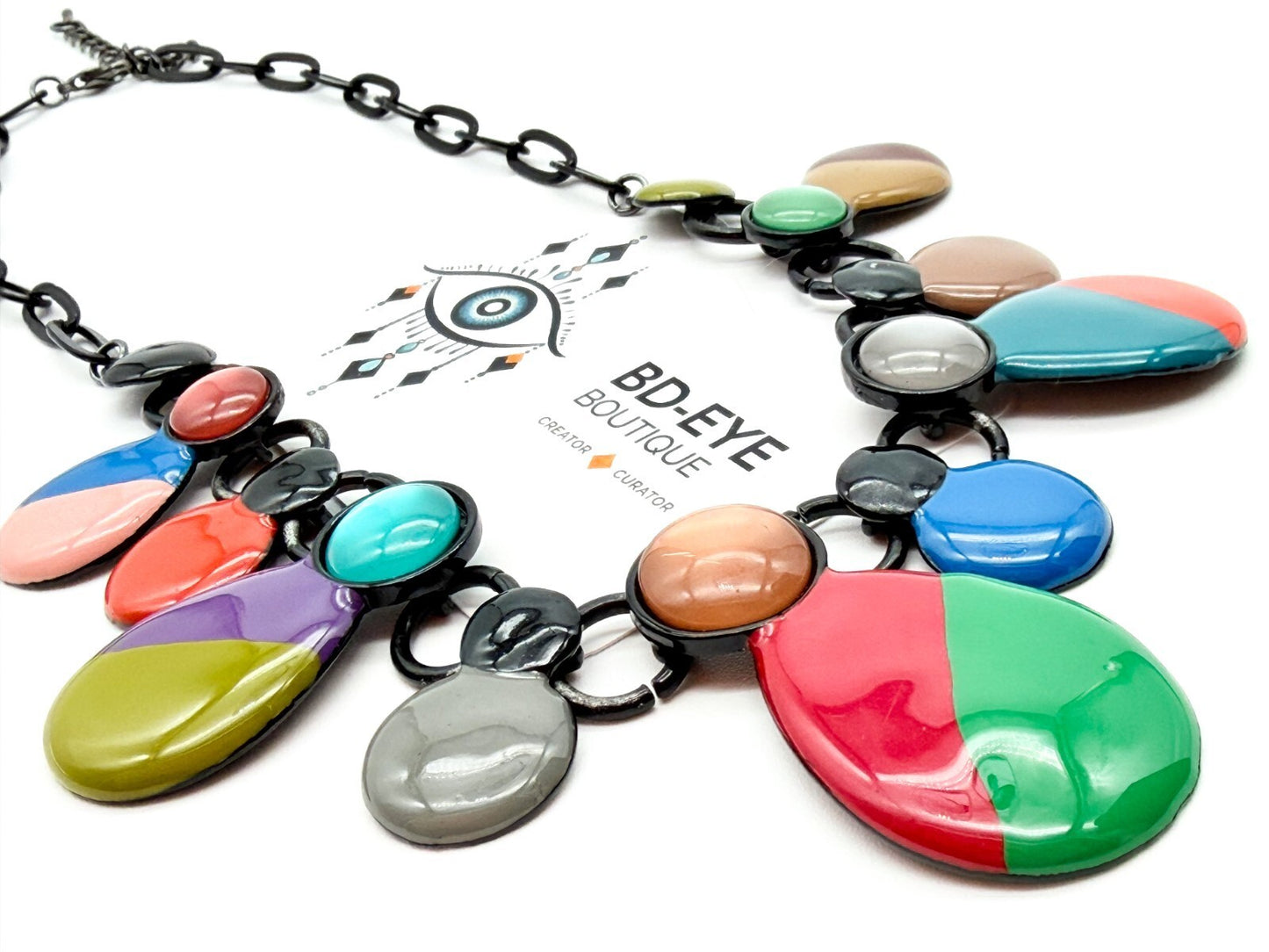 Colourful Acrylic Statement Necklace Drop Bib Black Chain Retro Style