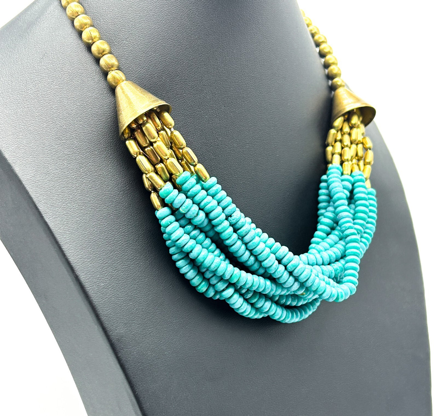 Vintage Turquoise Wood Multi-Strand Beaded Necklace with Gold Tone Caps