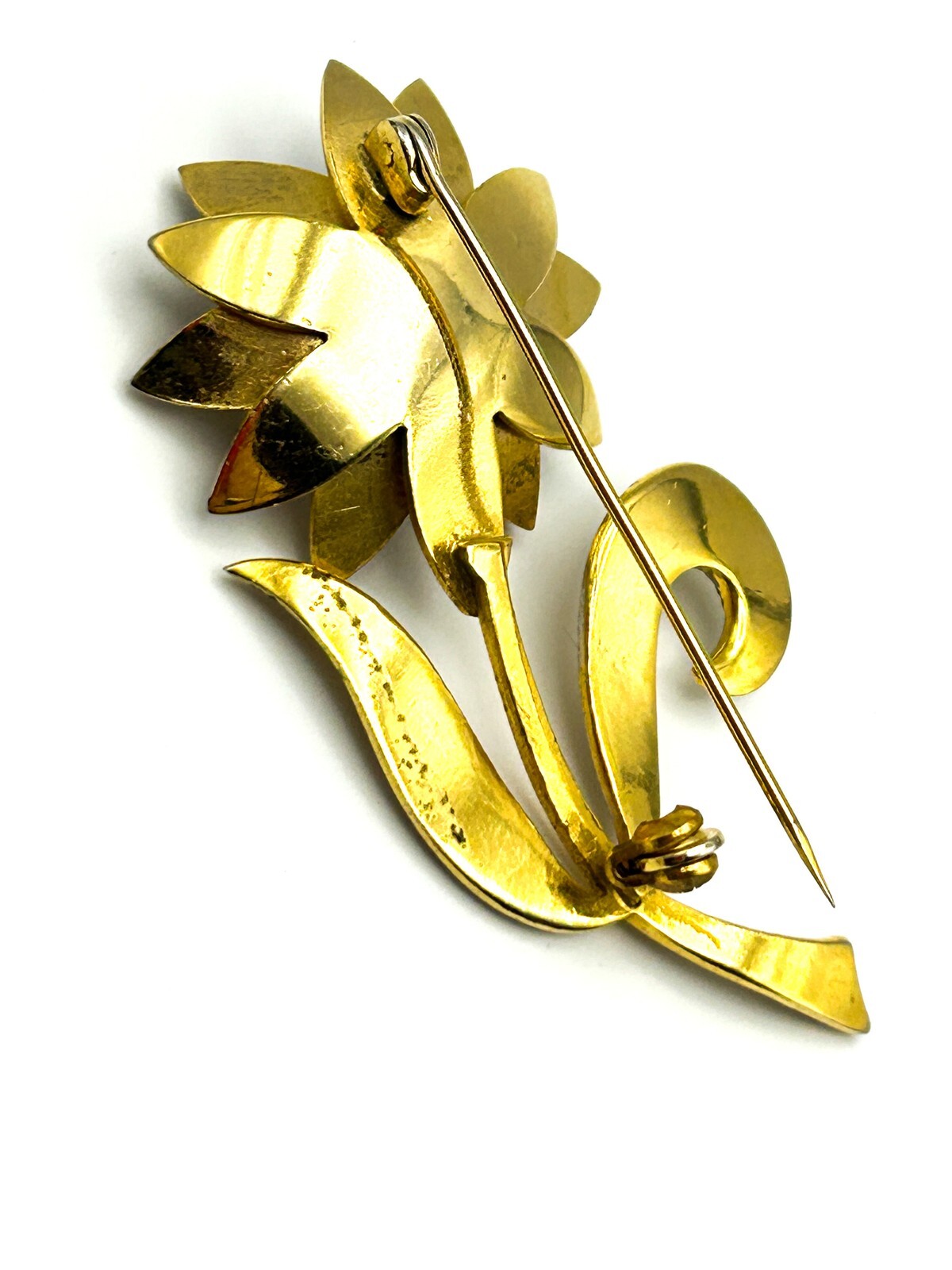 Vintage Floral Brooch Gold Tone Faux Pearl Damascene Style Flower Pin Elegant