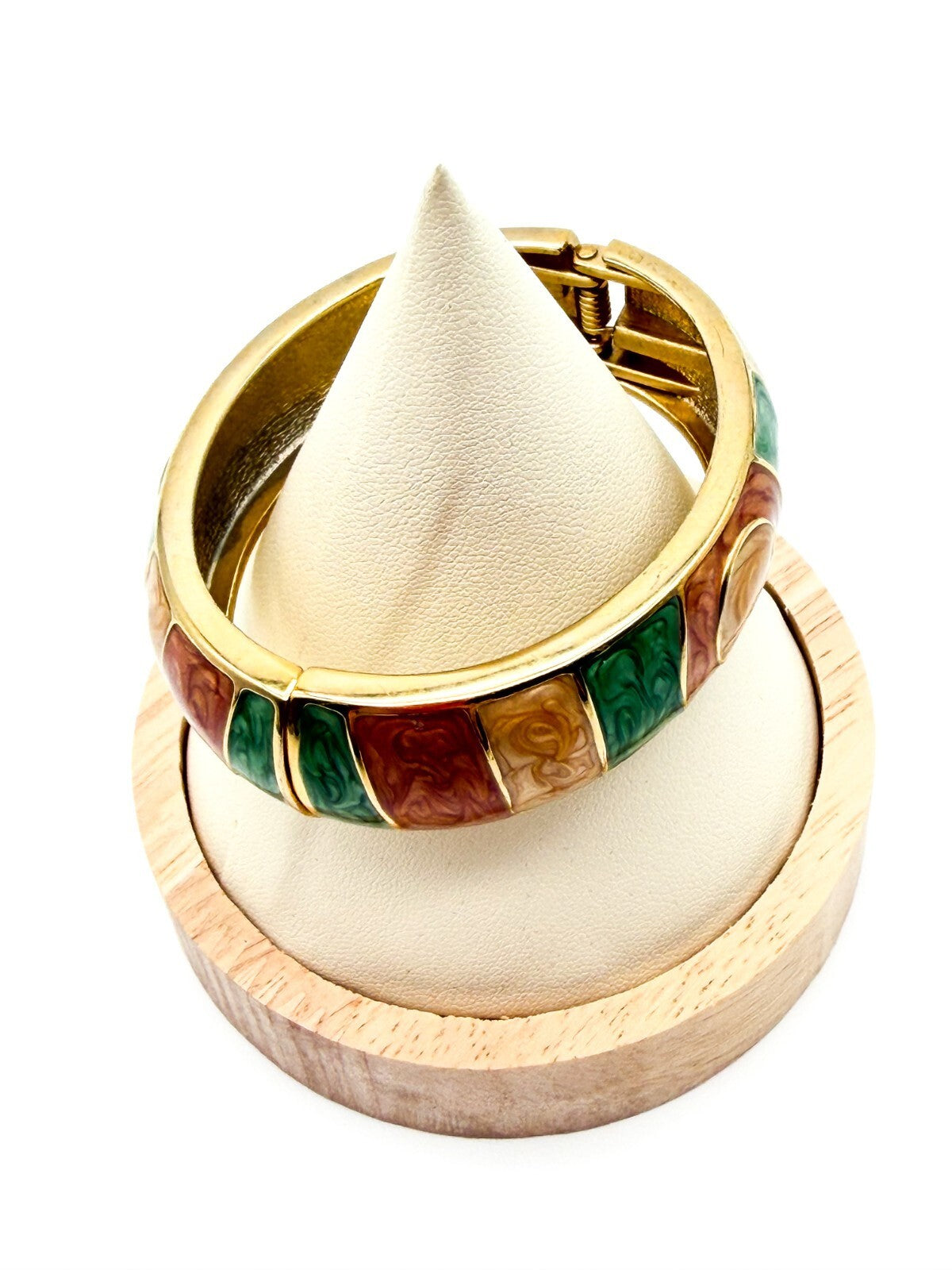 Y2K Enamel Stripe Hinged Bangle Bracelet in Green, Peach & Champagne Gold Tone