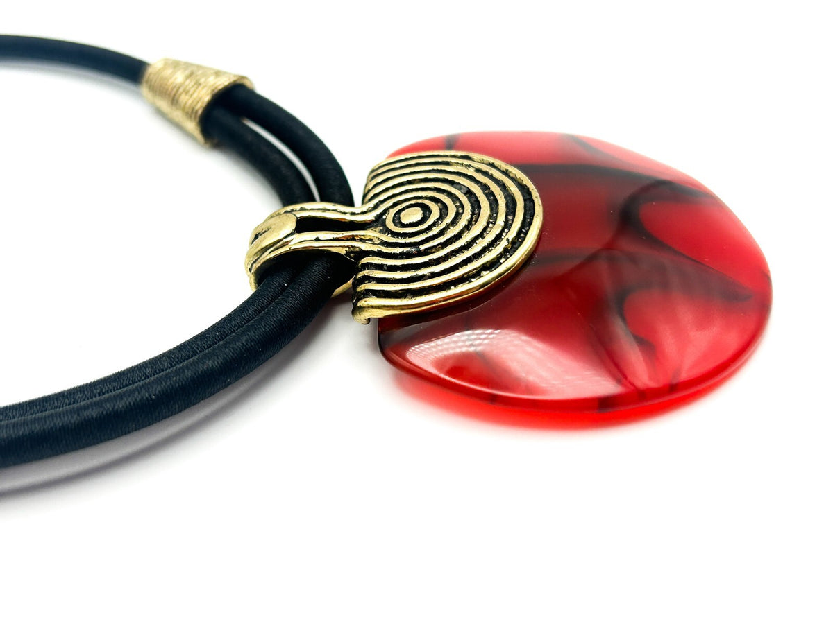 Vintage Egyptian Revival Red Acrylic Disc Statement Necklace