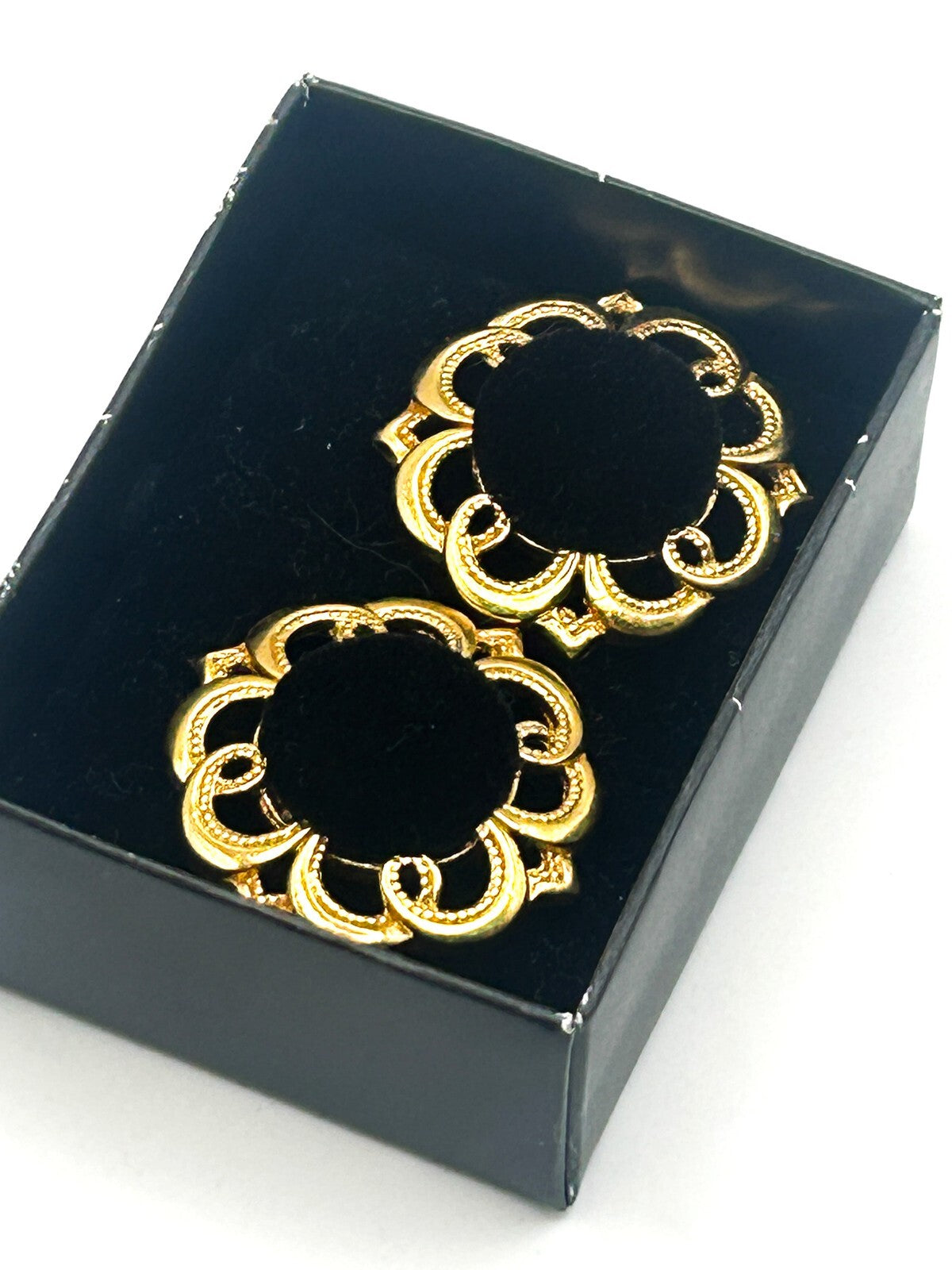 Black Velvet & Gold Tone Floral Stud Earrings – 3cm