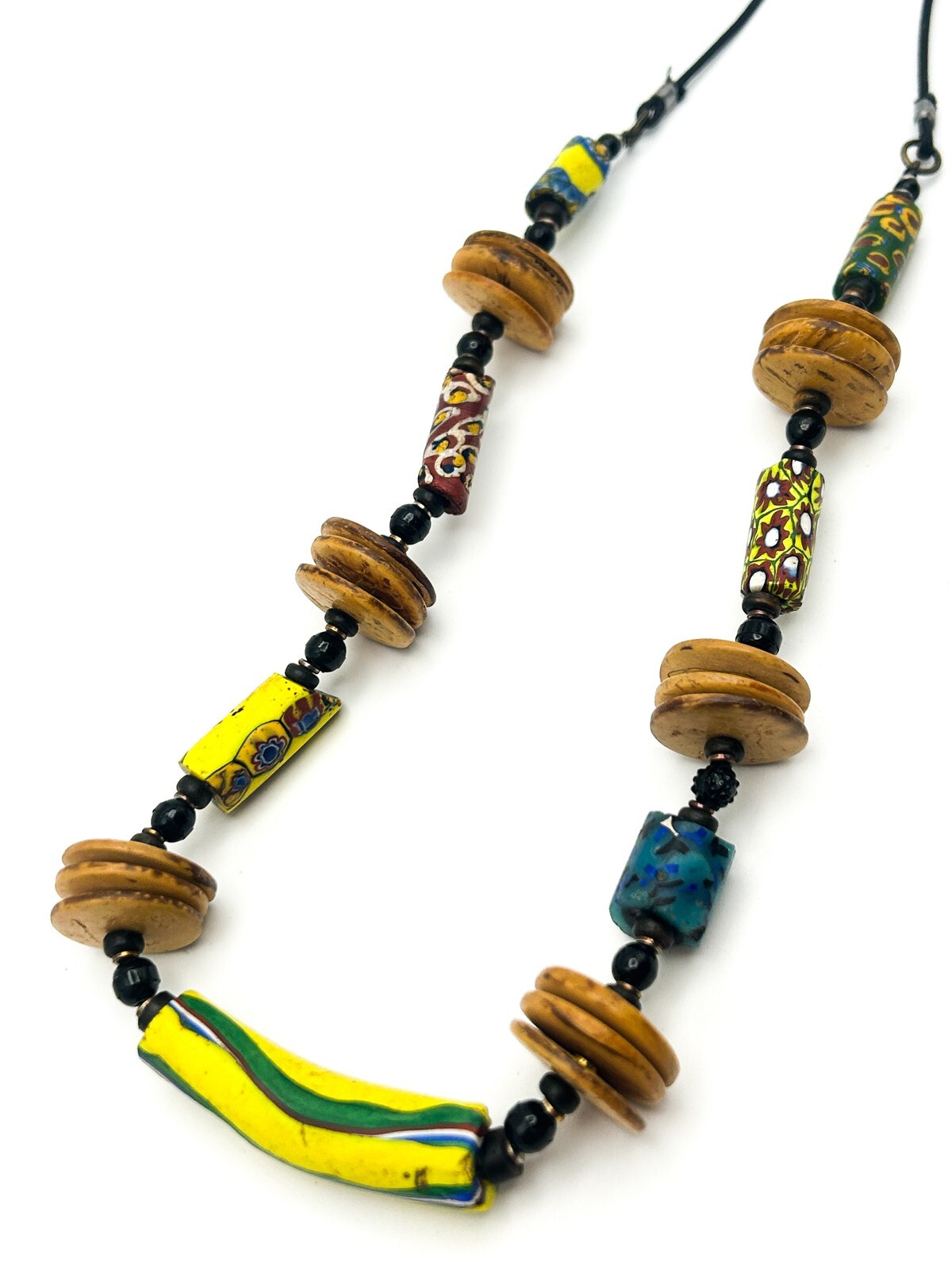 Antique Venetian Millefiori African Trade Bead Necklace Coconut Shell 23”
