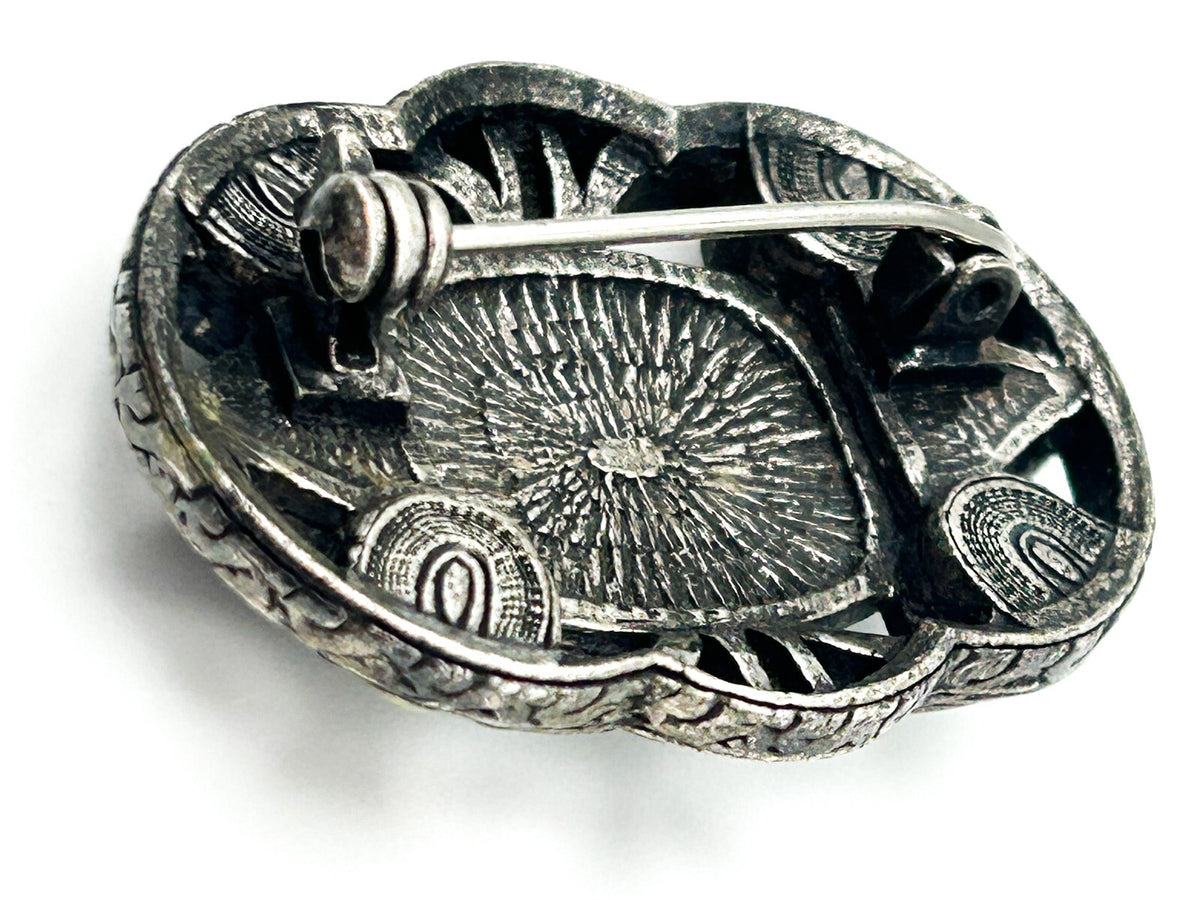Celtic Style Green Brooch Silver Tone Cabochon Vintage Pin
