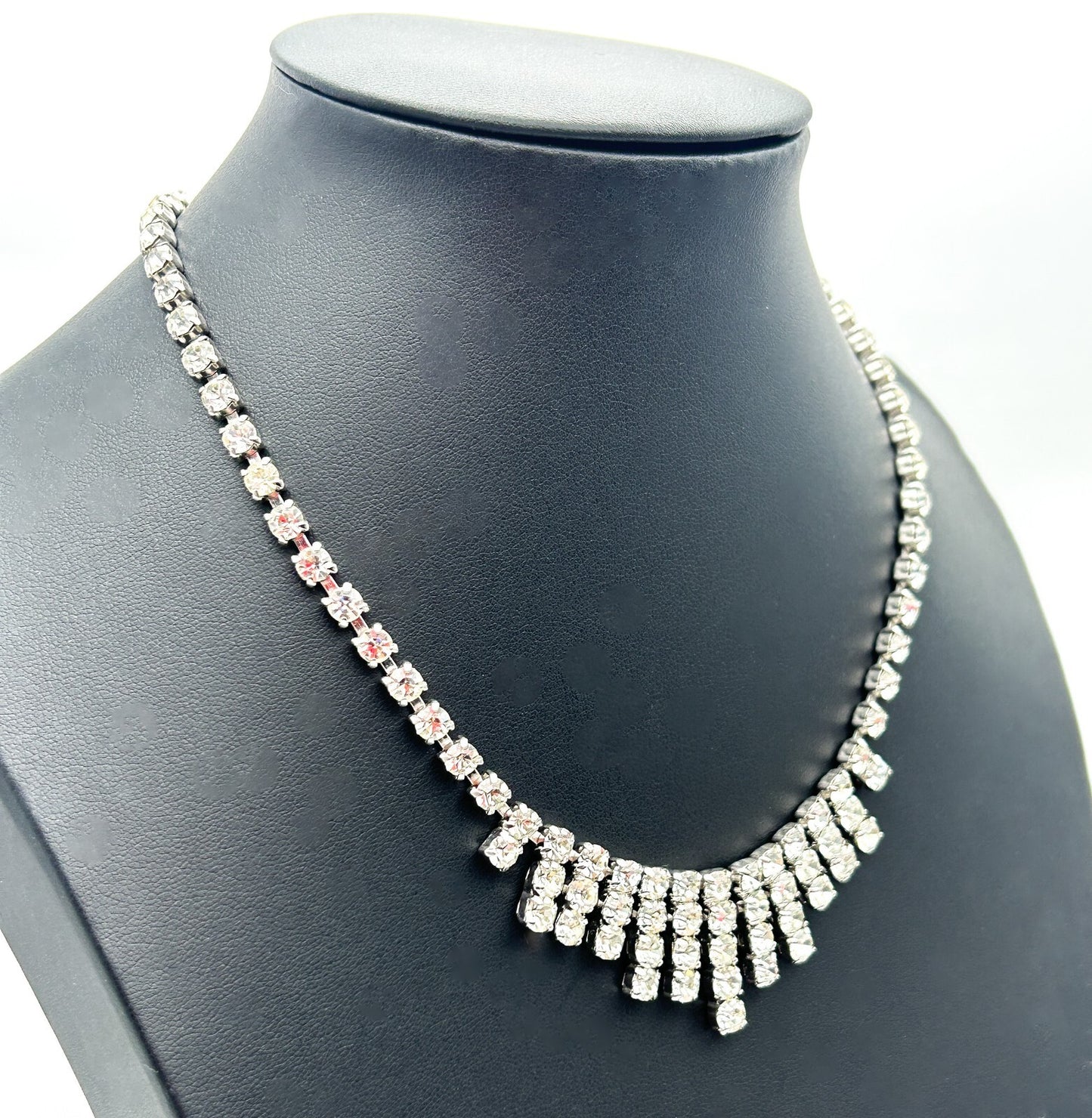 Vintage Rhinestone Fringe Necklace Silver Tone Waterfall Drop Bridal Sparkle