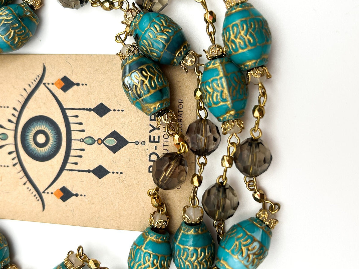 Vintage Style Turquoise & Smokey Acrylic Etched Barrel Bead Necklace Duo