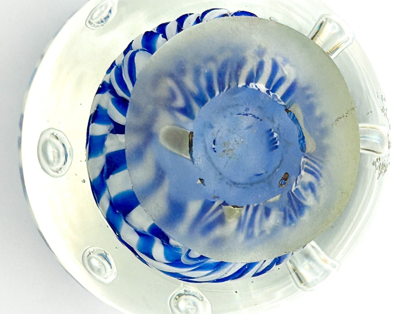 Vintage Blue White Stripes Bubbles Art Glass Paperweight Dome Controlled Bubbles