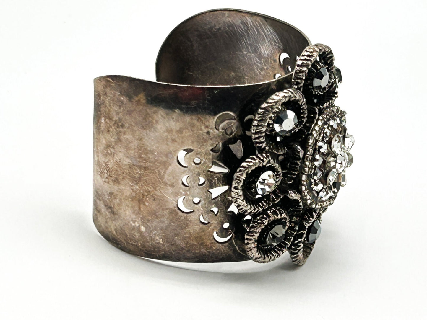 Vintage Sodini Signed Crystal Floral Statement Cuff Bracelet Flower Sparkles VTG