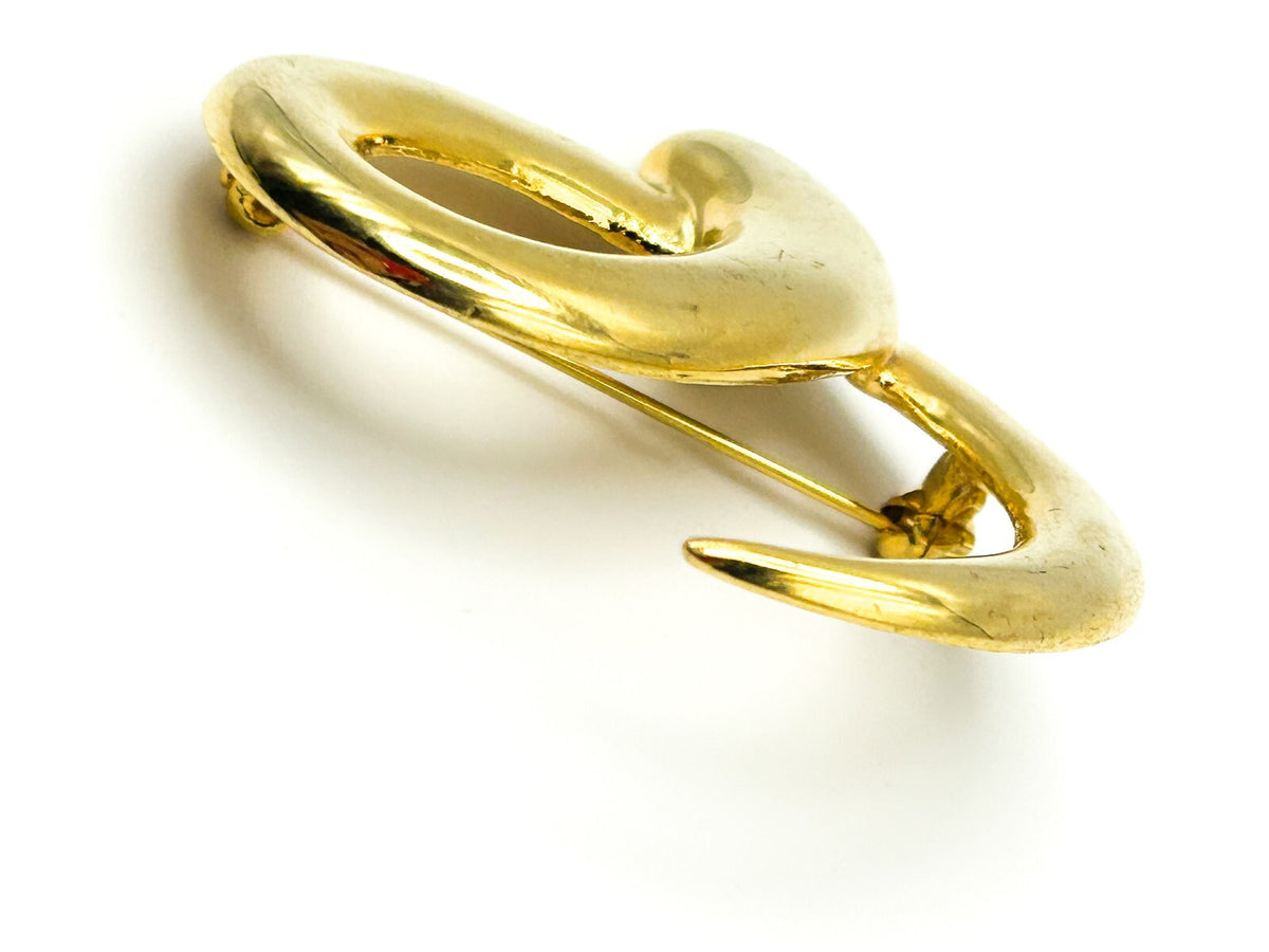 Signed Yves Rocher Gold Tone Abstract Swirl Brooch (1960s–1970s)