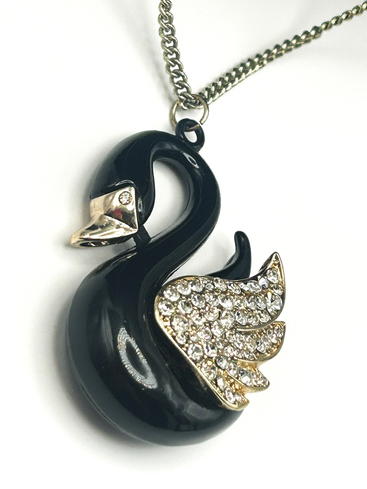 Black, Gold & Rhinestone Swan Pendant Necklace on Gold Tone Chain