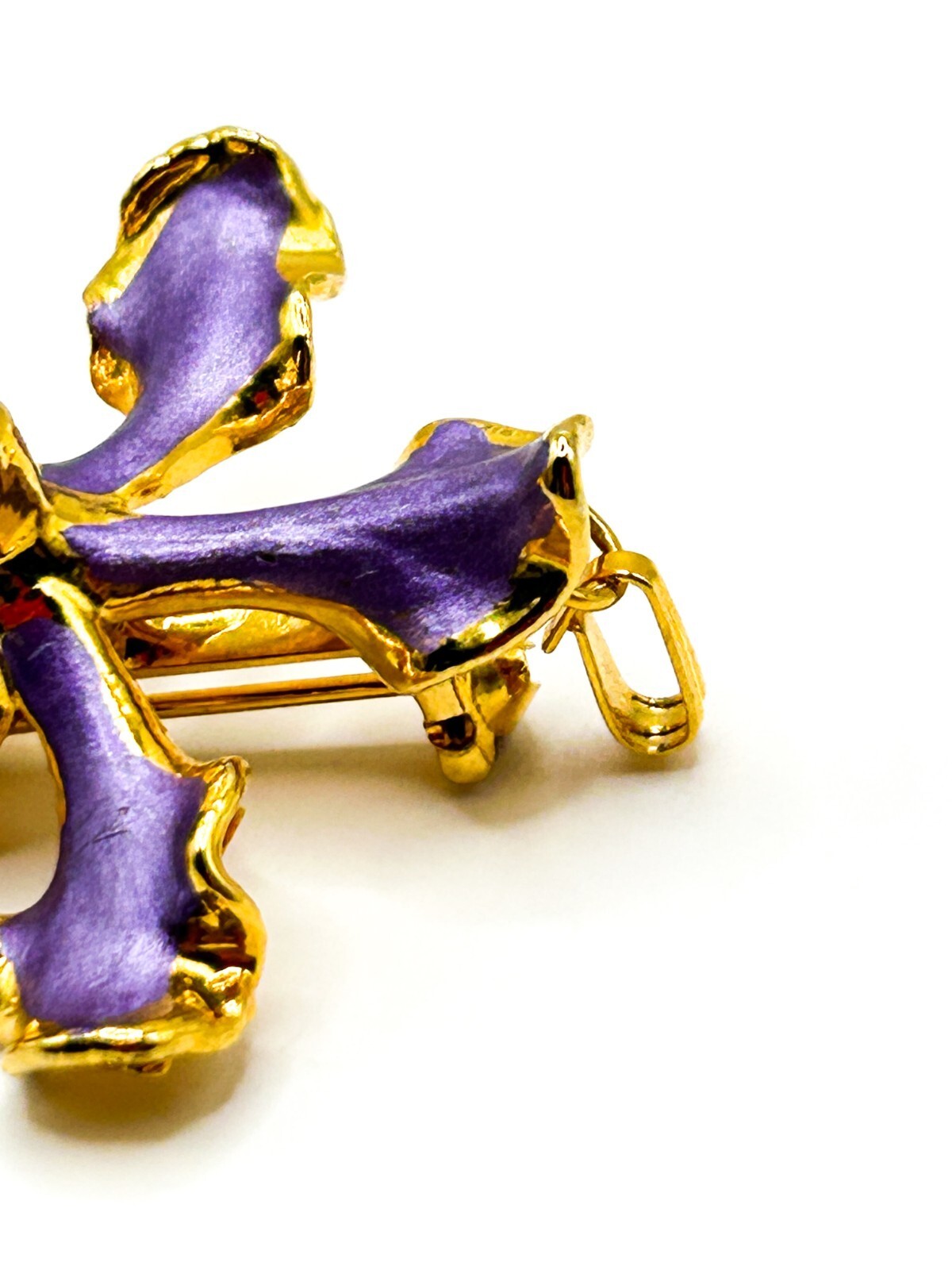 Vintage Purple Enamel Orchid Brooch 22K Gold Plated Floral Flower Jewellery