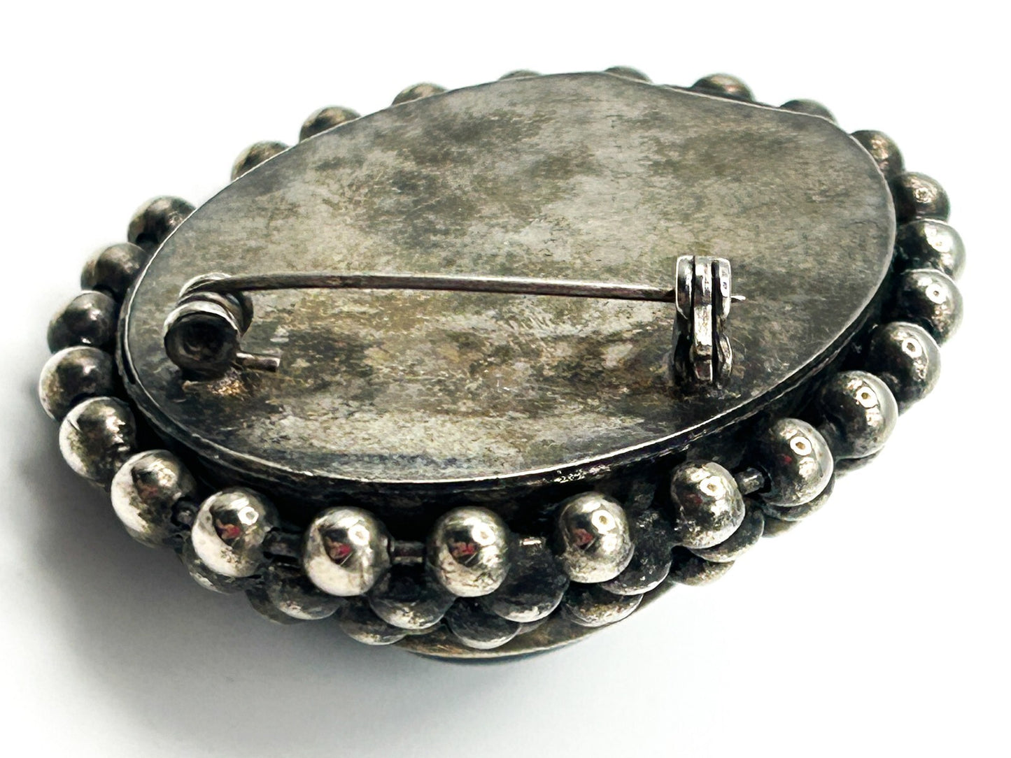 Vintage Black Cabochon Brooch Victorian Revival Style Silver Tone Domed Pin
