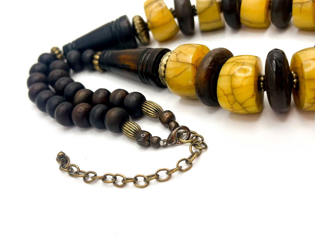 Vintage Dark Wood & Yellow Chunks Boho Necklace with Bronze Tone Accents