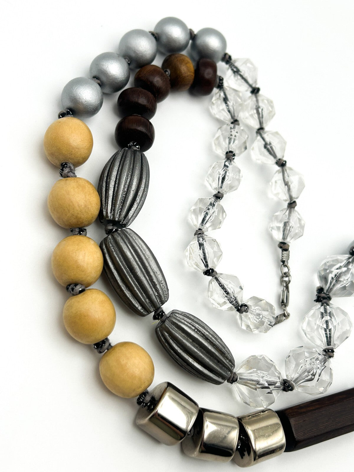 Mixed Material Statement Necklace Wood Silver Black Beads Chunky Modern 18”