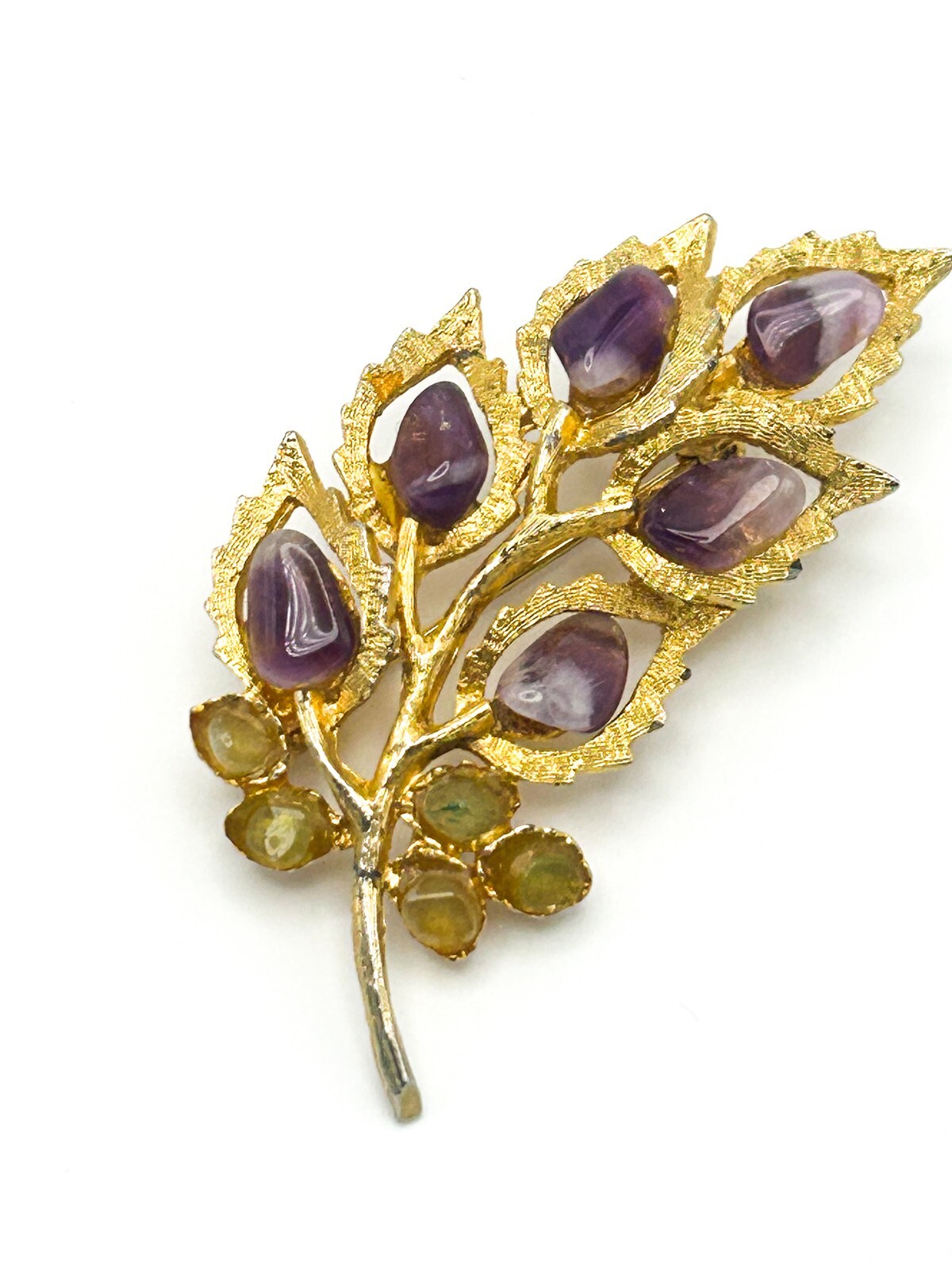 Vintage Leaf Brooch Floral Spray Gold Tone Amethyst & Citrine Leaves Pin Retro
