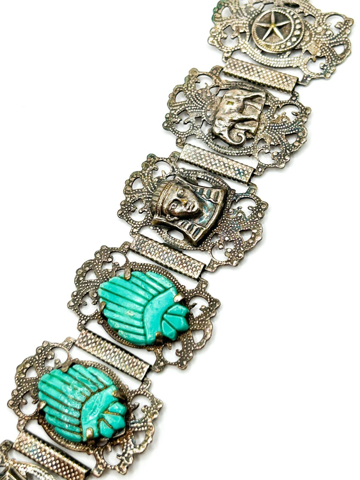 Vintage Egyptian Revival Pharaoh Scarab Panel Bracelet Turquoise Hamsa Tourist