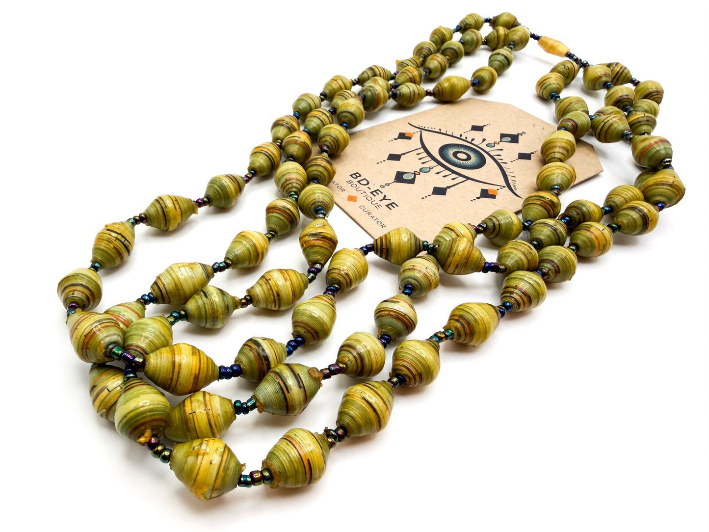 Vintage Multi-Strand Yellow & Green Beaded Necklace - Faux Rolled Paper Beads