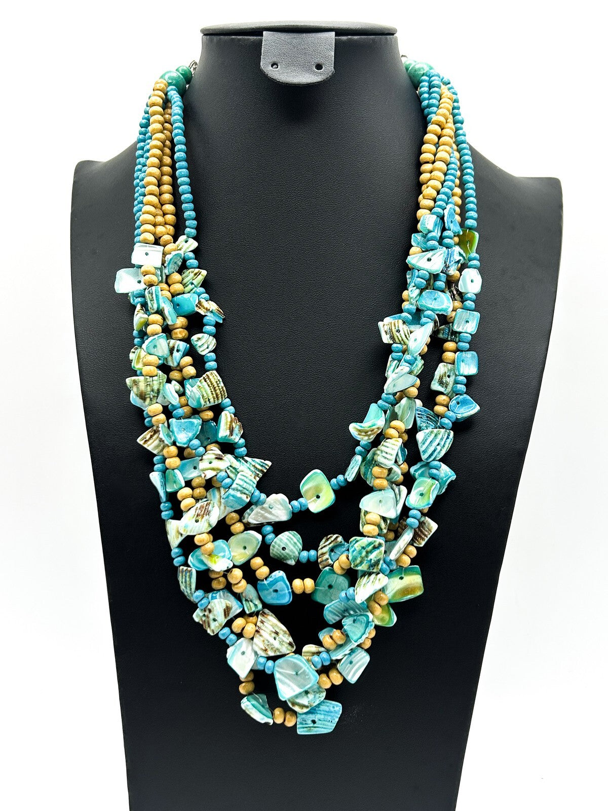 Layered Blue Shell and Wood Multi-Strand Necklace - Boho Sea Beach Surf