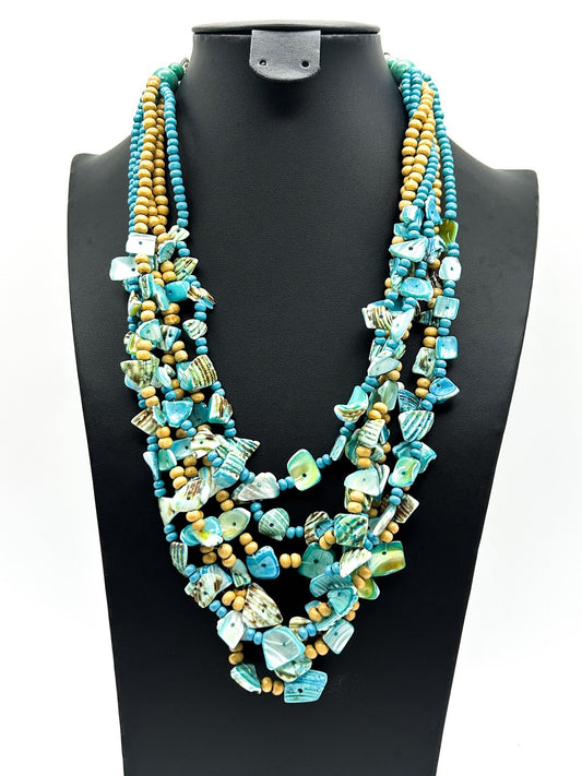 Layered Blue Shell and Wood Multi-Strand Necklace - Boho Sea Beach Surf