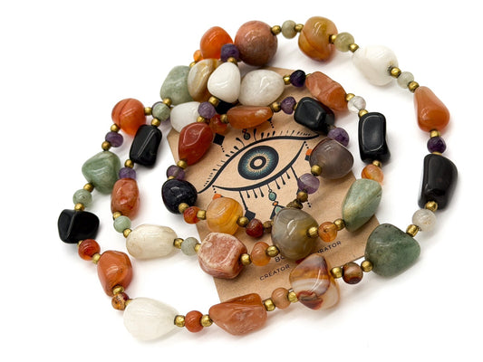 Vintage Mixed Gemstone Bead Necklace Long Multi Stone Agate Onyx Jadeite Quartz