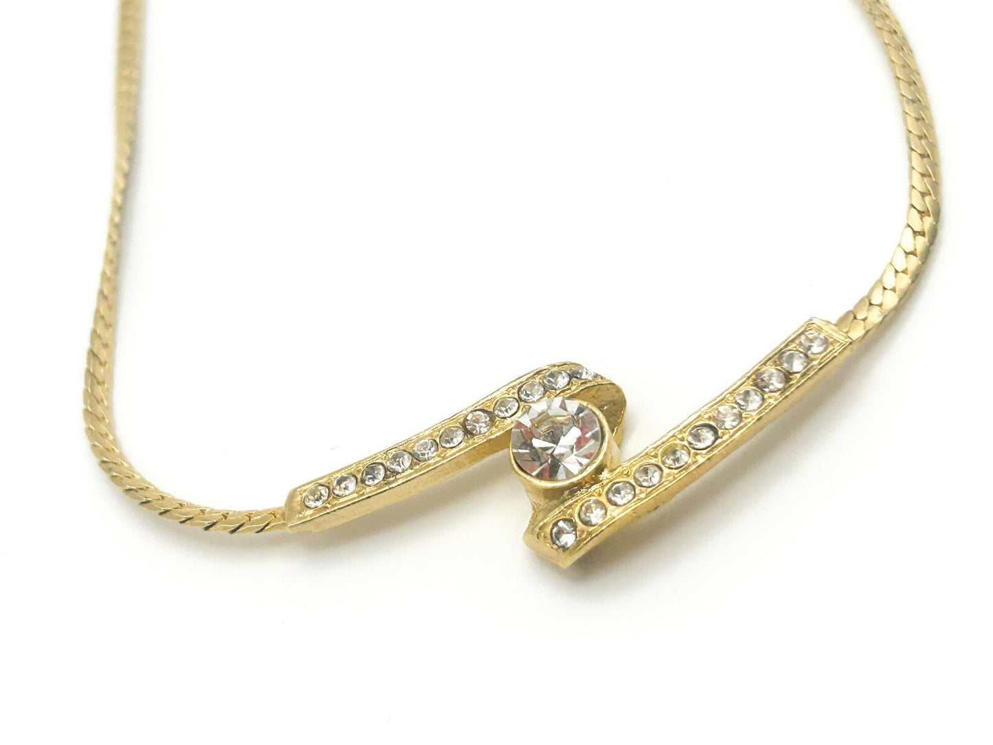 Vintage Gold Tone Zigzag Rhinestone Ribbon Swirl Necklace Dainty 80s
