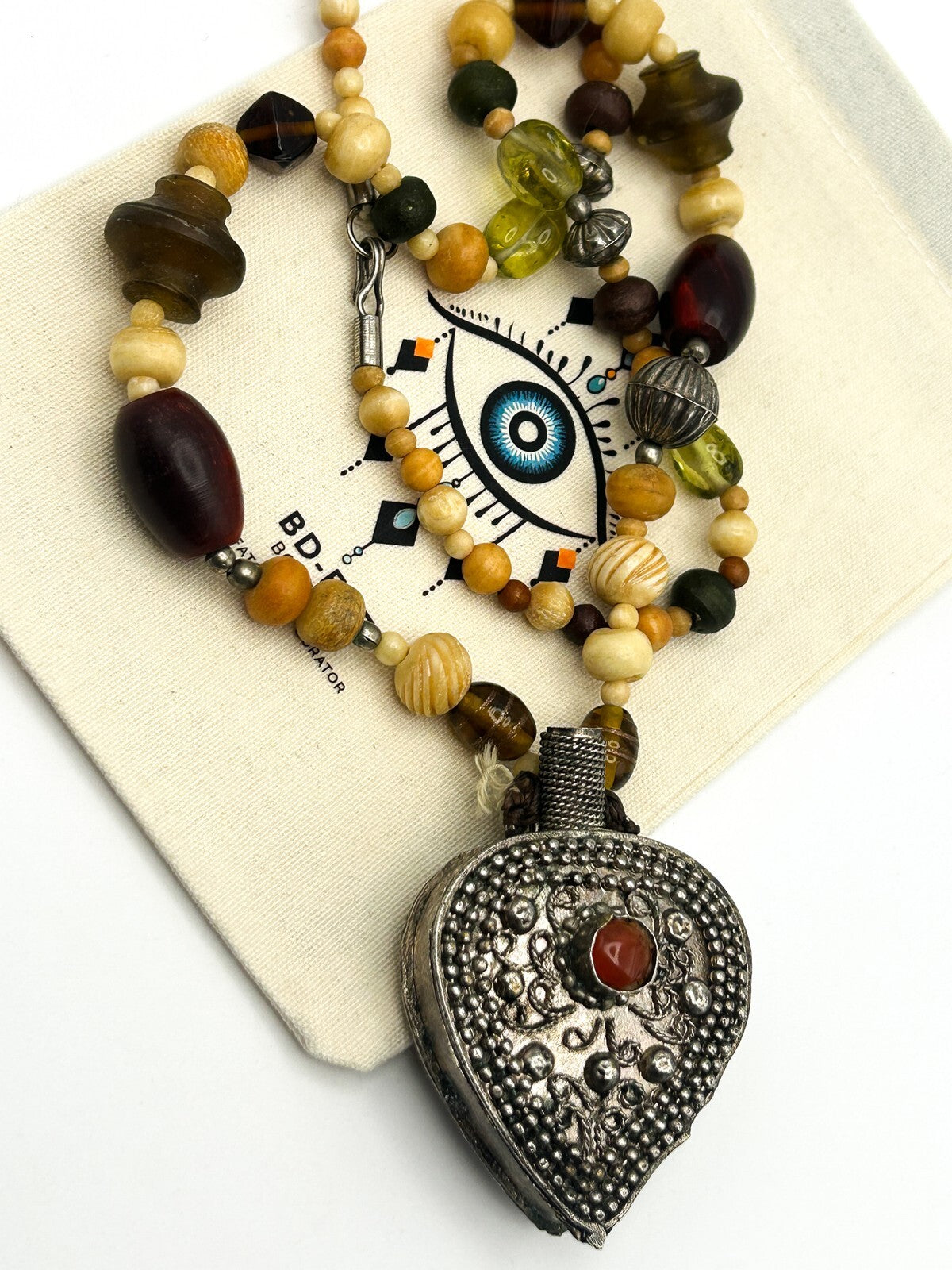 Vintage Repousse Heart Perfume Bottle Pendant Necklace Silver Tone Beaded 14”