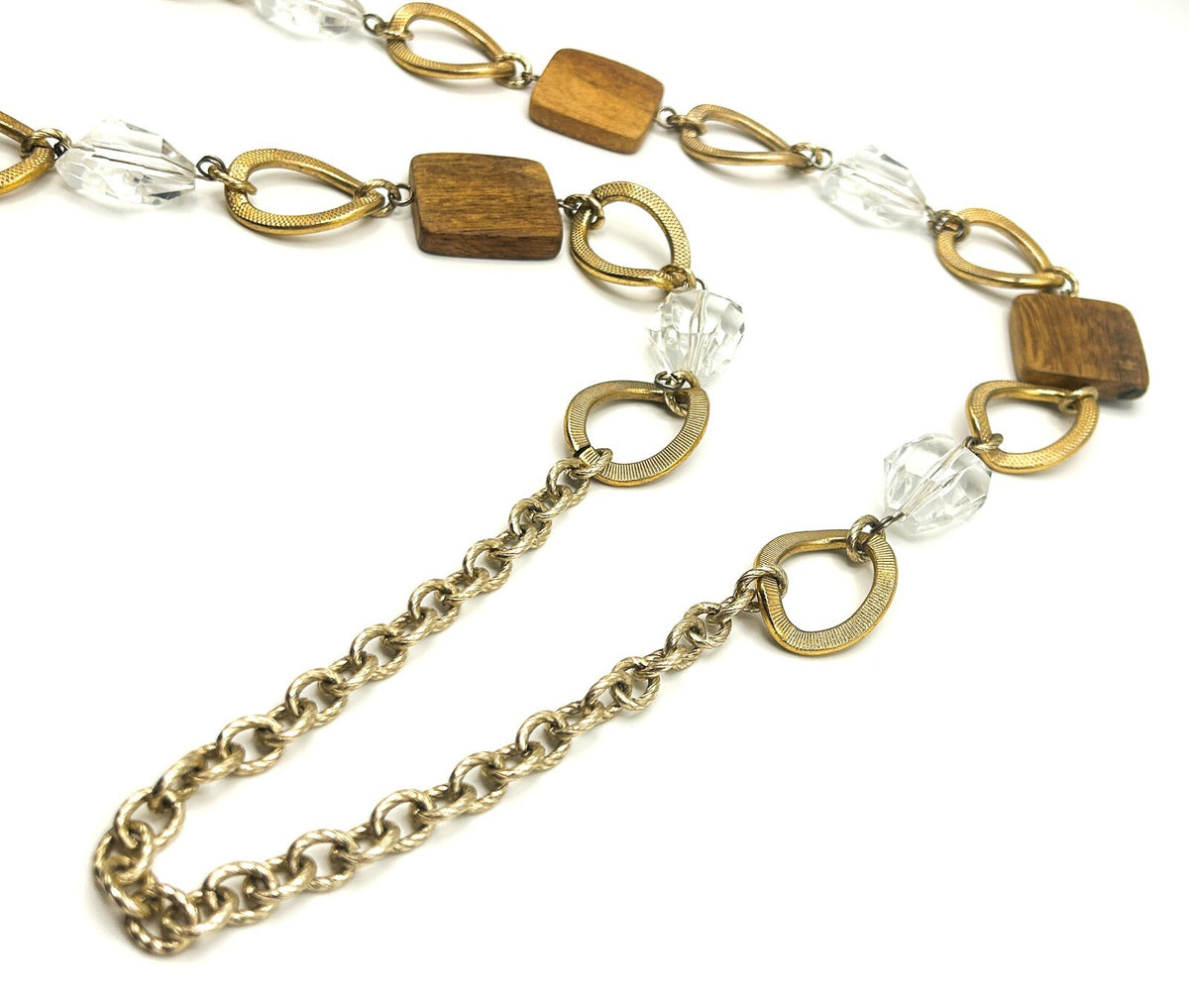 Long Linked Wood, Gold Tone & Clear Acrylic Statement Necklace