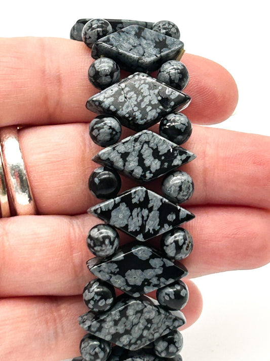 Snowflake Obsidian Stretch Bracelet with Diamond Beads